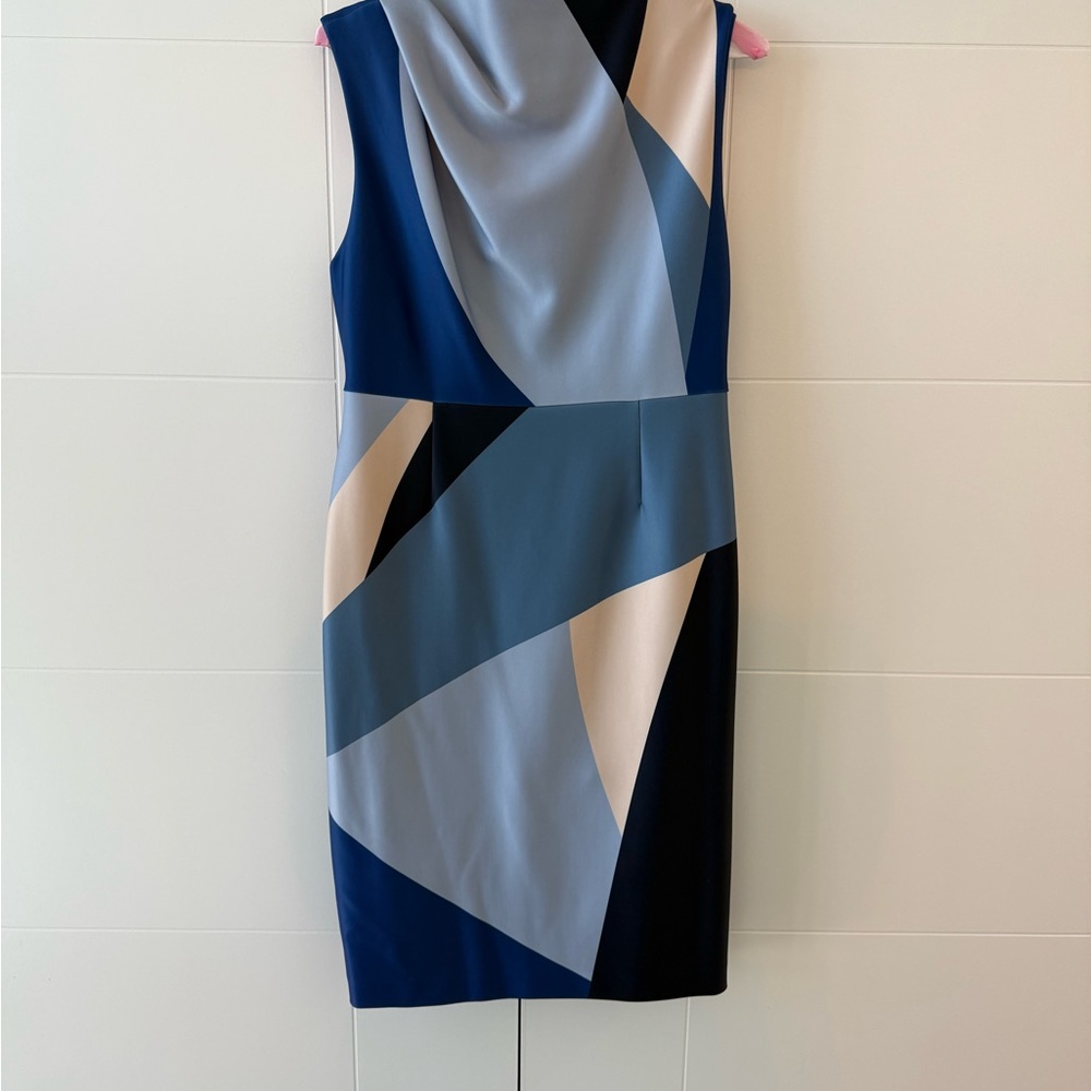 Donna Karan Blue and Cream Color Block Midi Dress
